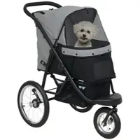 PawHut Hundewagen Jogger Hundebuggy klappbar für kleine Hunde & Katzen bis 10 kg Katzenbuggy mit 3 große Gummiräder, Kissen Netzfenstern Aufbewahrungskorb Katzenwagen mit Sicherheitsleinen, Grau