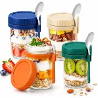 BOTC Overnight Oats Potjes - Voorraadpotten - Set van 4 met Lepels - 4x475ml Mason Jar - Glazen Potjes met deksels - Mason Jar - Lekvrij ontwerp