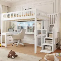 Sweiko hoogslaper, 140x200 cm, met LED-verlichting, legplanken, schappen, opbergvakken, bureau, zonder matras, wit