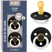 BIBS Colour Glow Speen verpakking van 2 stuks. BPA-vrij, Ronde speen. Natuurlijk rubberlatex, Gemaakt in Denemarken, Maat 2 (6-18 maanden), Black Glow