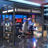 MODFU - Hoogslaper - Met Bureau En Opbergtrap - Met LED-Verlichting En USB-Aansluiting - Metaal En MDF - Zwart - 140 X 200 Cm