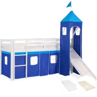 Homestyle4u Hoogslaper - 90x200 cm - met matras - toren - glijbaan - ladder en gordijn blauw
