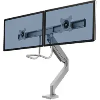 Fellowes Eppa monitor arm, voor 2 beeldschermen tot 32" &amp; tot 8 kg elk, in hoogte verstelbaar/zwenk/kantel, dwarsbalk ontwerp, kabelgeleider, tafelklem, zilver