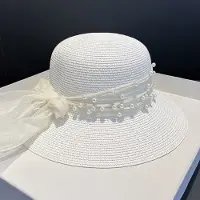 VHV - Strohoed - Dames zonnehoed met kant en parels - Luchtige vissershoed met zonbescherming - Voor strand, vakantie en zomer