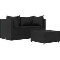 vidaXL 3-delige Loungeset met kussens poly rattan zwart