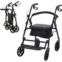 HOMCOM 4-wielige rollator - Lichtgewicht opvouwbare rollator - Gevoerde zitting en rugleuning - Ergonomische handgrepen, handremmen - Opbergmand - Voetsteun - Zwart metaal