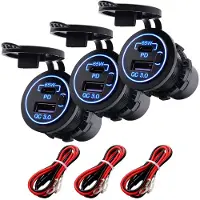 Proride 12V USB-C Wandcontactdoos Inbouw - 65W - USB-A en USB-C - Schakelaar - QC3.0 - Blauw - Kabel en Zekering - 3 stuks