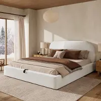 MODFU Tweepersoonsbed - Hydraulische Opbergruimte - Gestoffeerd Hoofdbord - Minimalistisch - Bouclé - Beige