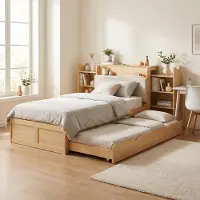 MODFU - Bed Met Uitschuifbaar Onderschuifbed En Opbergvakken - Scandinavisch - Voor Slaapkamer - Bewerkt Hout - Naturel - 90 X 200 Cm