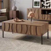 OKWISH Salontafel En Tv Meubel Set - Golvend Houtdessin - Opbergruimte Woonkamer - MDF Naturel - 160x35x46 En 105x55x41 Cm