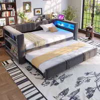 HAUSS SPOLE Gestoffeerd Slaapbank Bed 90/180x190 cm - Met LED, Stopcontact en Armleuning-Opbergruimte - Met Lattenbodem - Flanel - Donkergrijs