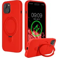 Kwmobile Hoesje met Ringstandaard voor Apple iPhone 15 - Compatibel met MagSafe - Siliconen Beschermhoes met Microvezel Voering en Standaard - rood
