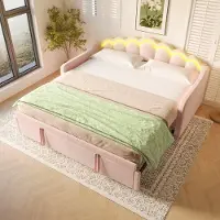 MODFU - Dagbed Met Uitschuifbed - 3-In-1 Functie - Golvend Ontwerp - Fluweel En MDF - Roze - 90x200 Cm