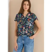 Cecil Dames Blouse met korte mouwen, structuurmix en print - Blauw - XL