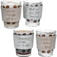 MamboCat 8-delige set CREMA: 4 banderollen met teksten & 4 glazen koffiemokken in blauw en groen - 1x 2051730, 2x 0806229 & 2x 0806175