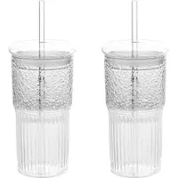 Wella 2X 600 Ml Glazen Beker Melk Koffiekop met Deksel en Rietje Transparante Streep Waterbeker Mok Drinkglazen Sap Theekop