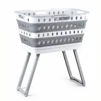 MK Opvouwbare Wasmand met Onderstel XL - 65L - Vrijstaande Wasmand - Ruimtebesparend - Grijs/Wit - Wasmand