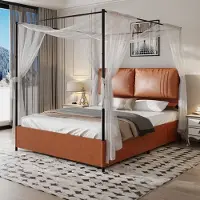 Merax Luxe Hemelbed – Gestoffeerd Bed 160x200 cm met Lederen Kussens – Metalen Frame – Verwijderbare Baldakijn – Bruin (Zonder Matras)