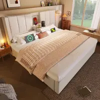 Sweiko Gestoffeerd bed - 180x200 cm - Met bekerhouders - Oplaadpoorten - Opbergruimte - Linnen - Beige