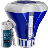Monzana Doseervlotter voor zwembaden 20-200g tabletten inclusief 150 3in1 teststrips UV-bestendige chloordrijver met thermometer