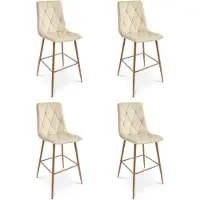 Hobby Hall Set van 4 barkrukken LIBRA - Lichtbeige fluweel - Eikenlook metalen poten - Modern design