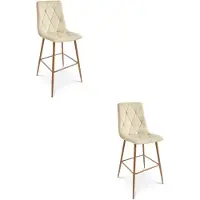 Leobert Set van 2 barkrukken LIBRA - Lichtbeige fluweel - Eikenlook metalen poten - Modern design