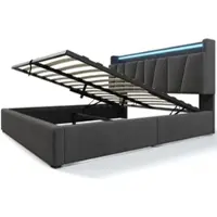 OKWISH Gestoffeerd Bed 140x200 cm - Bed Met Opbergruimte En USB C-Type Oplaadfunctie - LED Verlichting - Linnen - Grijs