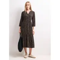Street One Dames Midi-jurk met gespleten hals en print - Bruin - 34