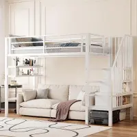 Sweiko hoogslaper, 90x200 cm, met legplanken, opbergrek, voldoende ruimte onder het bed voor het plaatsen van een kledingkast, leuning, zonder matras, wit