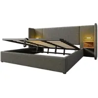 OKWISH Gestoffeerd Bed - 180x200 cm - Opbergbed met Type-C Laadfunctie & Nachtlamp - Slim Design voor Ouderslaapkamer - Linnen - Grijs - Zonder Matras