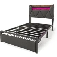 OKWISH Eenpersoonsbedden 90x200 cm - Bed Met Lades En LED Verlichting - Linnen Gestoffeerd Bed - Grijs