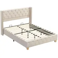 OKWISH Gestoffeerd Bed 160x200 cm - Knop-Tufting & Nietenaccenten - Met Lattenbodem en Houten Poten - Linnen - Beige - Zonder matras
