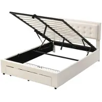 OKWISH Tweepersoonsbedden - 140x200 cm - Bed Met Lades En Hydraulische Opbergruimte - Praktisch Voor Geordende Slaapkamer - Fluweel - Beige