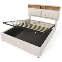 OKWISH Gestoffeerd Bed 140x200 cm - Tweepersoonsbed Met USB Type C Oplaadfunctie En LED Verlichting - Handig Opbergbed Met Matras - Linnen - Beige
