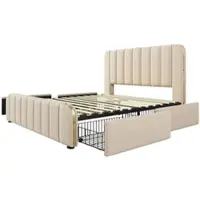 OKWISH Gestoffeerd Bed 160x200 cm - USB En Type C Opladen - 4 Laden - Met Matras - Linnen - Beige