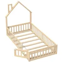 OKWISH Huisbed 90x200 cm – Kinderbed Met Schoorsteen Vorm – Met Lattenbodem – Met Veiligheidshekje – Minimalistische Stijl – Zonder Matras – Naturel