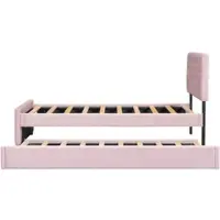 OKWISH Gestoffeerd Bed 90x200cm - Met Uittrekbed en Knop Hoofdeinde - Uittrekbaar Links/Rechts Plaatsbaar - Fluweel - Roze - Zonder matras