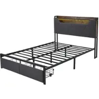 OKWISH Tweepersoonsbedden 140x200 cm - Bed Met Lade Opbergruimte En USB Oplaadfunctie - Gestoffeerd Linnen Bed - Grijs