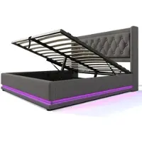 OKWISH Gestoffeerd Bed Tweepersoonsbedden - 140x200 cm - Modern Bed Met LED Verlichting En USB Oplaadpunt - Opbergbed Inclusief 7 Zonen Matras - Katoen - Grijs