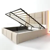 OKWISH Gestoffeerd Bed Tweepersoonsbedden - 160x200 cm - Bed Met Opbergruimte - Hydraulisch Opbergbed Met LED - USB Type C Oplaadfunctie In Hoofdbord - Linnenmateriaal - Beige