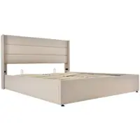 OKWISH Tweepersoonsbedden 140x200 cm - Bed Met Lades En Opbergruimte - Gestoffeerd Bed Linnen - Beige