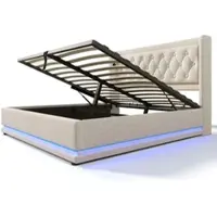 OKWISH Gestoffeerd Bed Tweepersoonsbedden - 140x200 cm - Modern Bed Met Opbergruimte En Hydraulisch Systeem - LED Verlichting En USB Oplaadfunctie Met Matras - Katoen - Beige