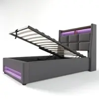 OKWISH Eenpersoonsbed 90x200 - Jeugdbed Met Metallframe En LED - Lattenbodem - Linnen - Grijs (Zonder matras)