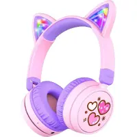 IClever - BTH21 - draadloze junior koptelefoon - cat ears - volumebegrenzing - RGB led lights - microfoon - lange batterijduur (lila)