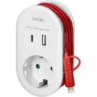 ORNO Doorvoerstekker - Verloopstekker 1 voudig - Verdeelstekker USB A & C - Splitter met oplaadkabel - Doorvoerstekker Max 3680 Watt - Wit/rood