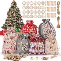 Sonstiges Adventskalender met 24 stoffen zakjes, zelf te vullen. Kerstkalender voor kinderen en volwassenen, in de kleuren rood, grijs en beige