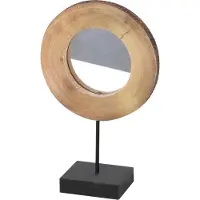 DOCHTMANN "" Spiegel in houtschijf met zwarte metalen voet – klein model - D19cm