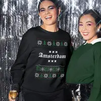 B&C Amsterdam Kersttrui Zwart Logo Snowy Trees - Maat L - Uniseks Fit - Kerstkleding Voor Dames & Heren