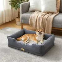 Bingopaw WISFOR Hondenbed, hondenbank, hondenmand, met verhoogde randen, waterdicht, wasbaar, afneembare hoes. Afmetingen: L: 94,5 x 67 x 19,5 cm, kleur: grijs