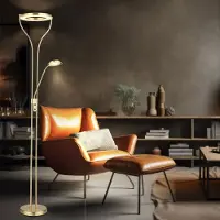 Globo Vloerlamp Plafondlamp Woonkamerlamp Slaapkamerlamp, dimbaar, flexibele leesspot, kleur satijn messing, LED 20W 1800Lm warm wit, LxBxH 35x30x194cm